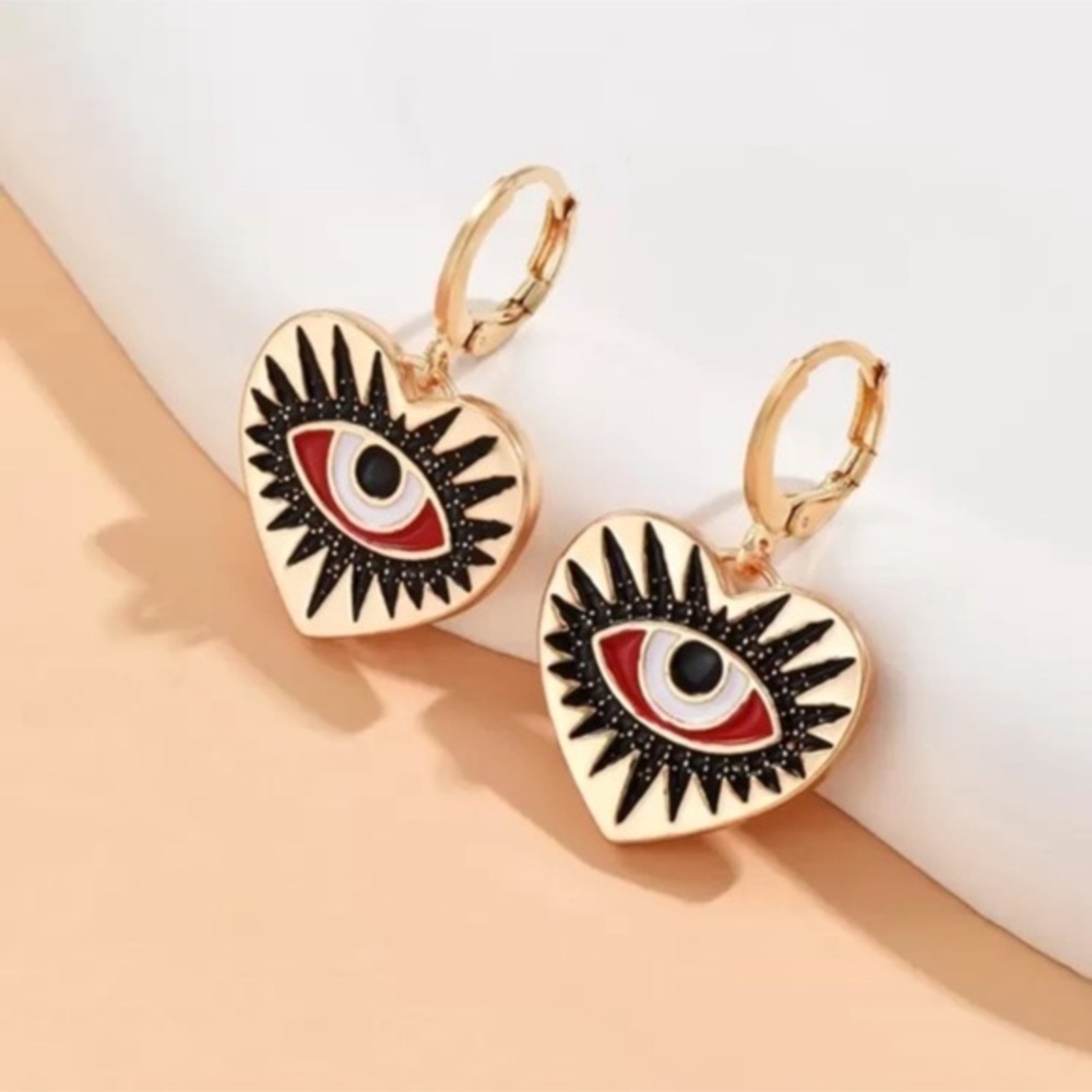 ✨Gold Heart Eye Drop Earrings with Black & Red Enamel